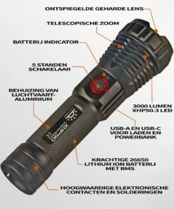 TomorrowNow® XHP50 Oplaadbare LED Zaklamp - USB-C + USB-A - 3.000 Lumen - Powerbank Functie - Battery Management System - Waterdicht -Kampeeruitrusting 1000x1200 13