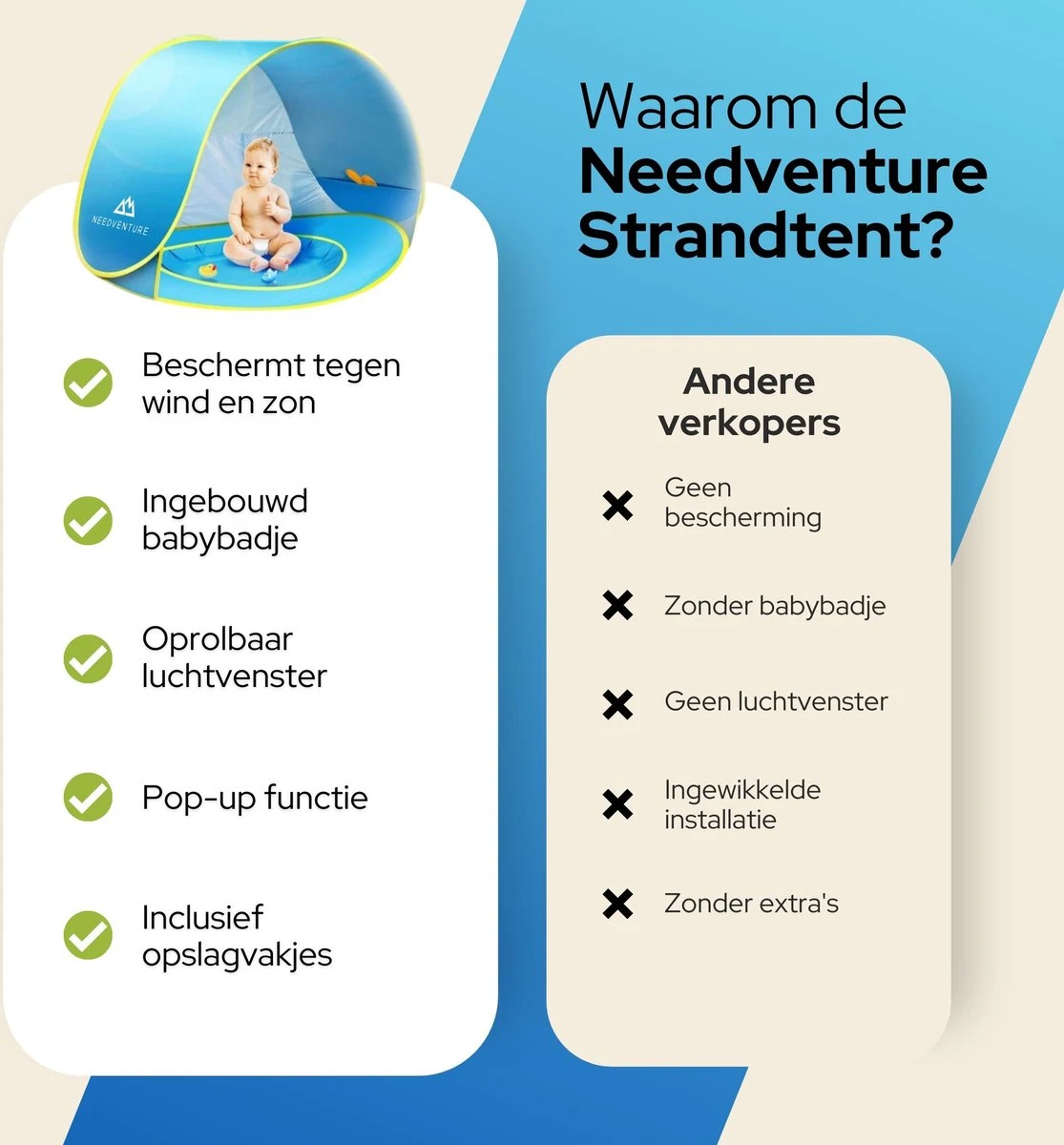 Needventure Baby Strandtent - Pop Up Tent - Windscherm Strand - Camping Strandtentje - Speeltent - Blauw 7 Needventure Baby Strandtent - Pop Up Tent - Windscherm Strand - Camping Strandtentje - Speeltent - Blauw - Afbeelding 7