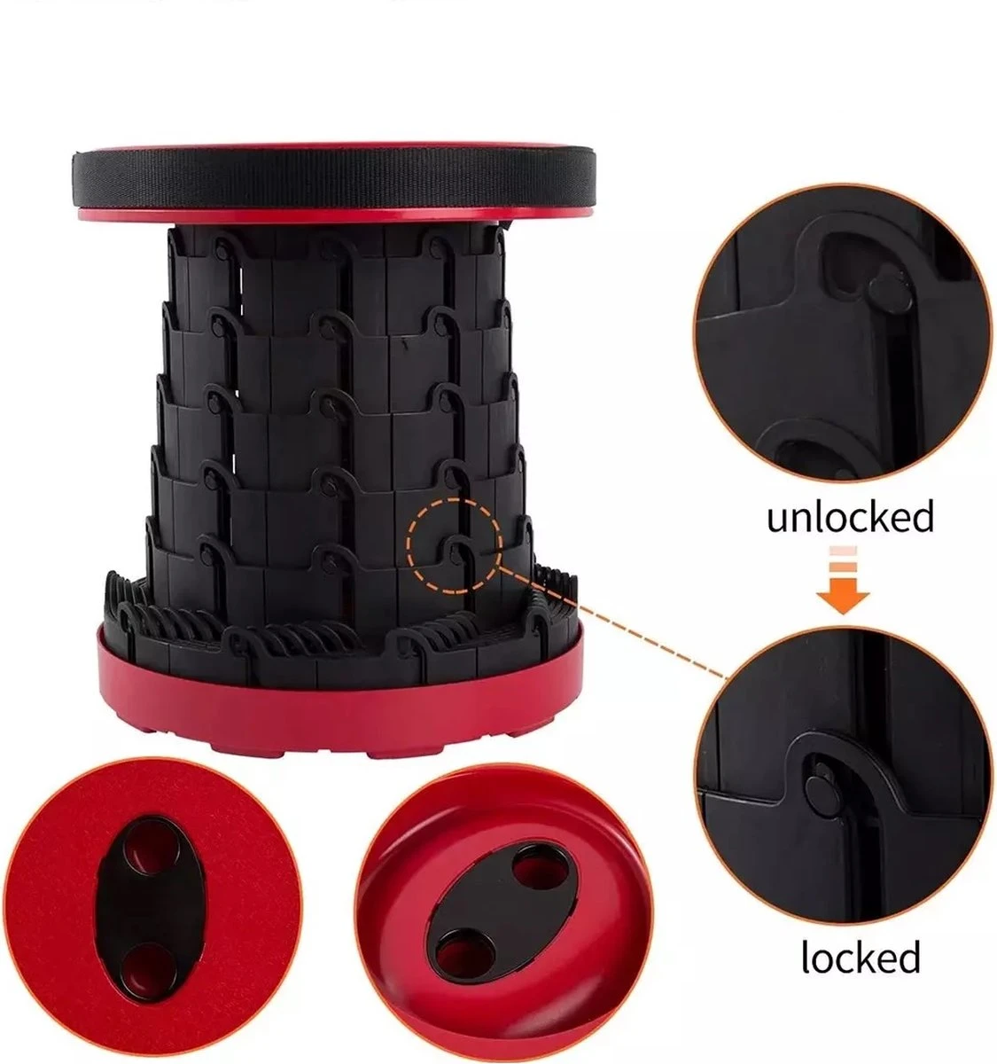 Kampeerkruk - Uitschuifbare Kruk - Rood/Zwart- Tot 120 Kg - Travel Stool - Opvouwbare Campingkruk - Inklapbaar Krukje - Telescopische Kruk - Camping - Outdoor 2 Kampeerkruk - Uitschuifbare Kruk - Rood/Zwart- Tot 120 Kg - Travel Stool - Opvouwbare Campingkruk - Inklapbaar Krukje - Telescopische Kruk - Camping - Outdoor - Afbeelding 2