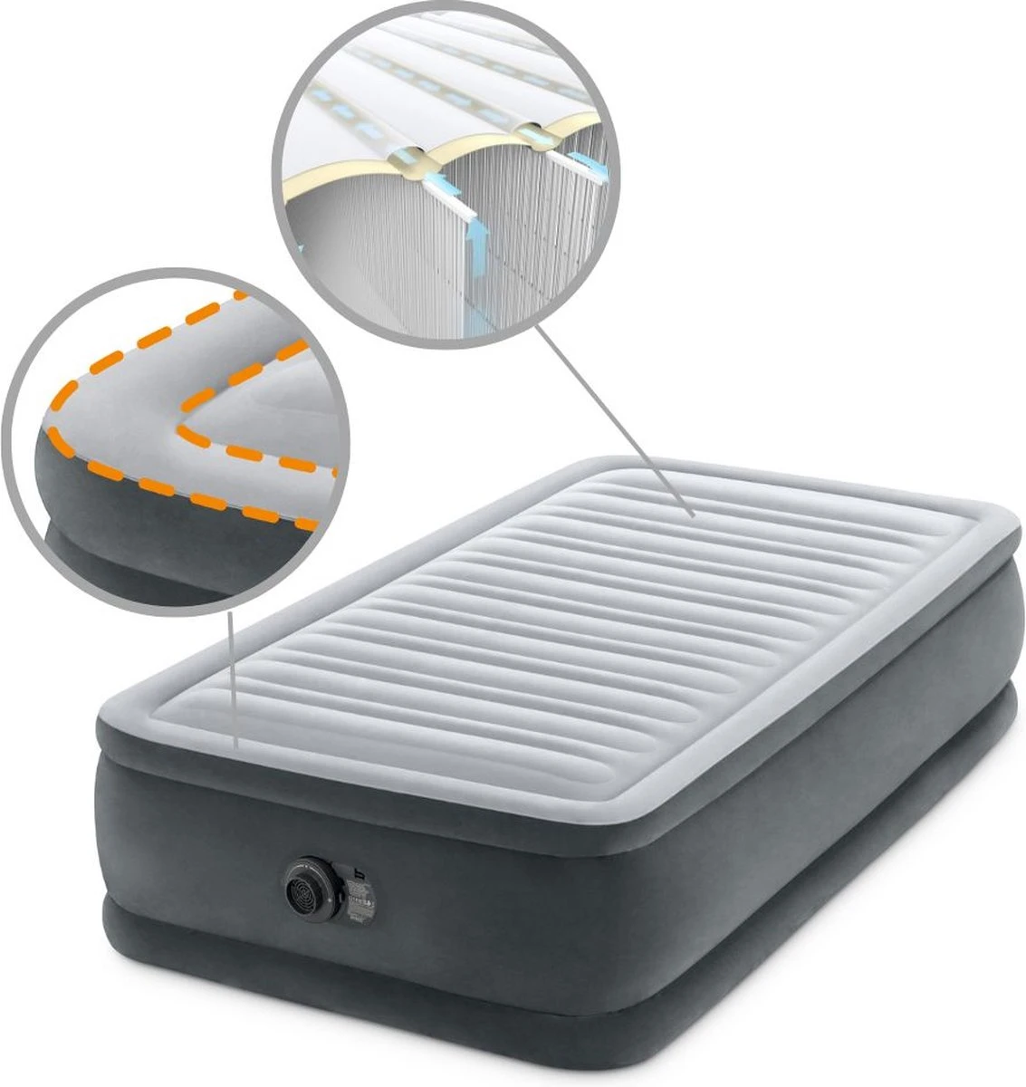 Intex Luchtbed - 1-Persoons - 99 X 191 X 46 Cm - Grijs - Met Ingebouwde Pomp, Hoeslaken Antraciet En Reparatieset 8 Intex Luchtbed - 1-Persoons - 99 X 191 X 46 Cm - Grijs - Met Ingebouwde Pomp, Hoeslaken Antraciet En Reparatieset - Afbeelding 8