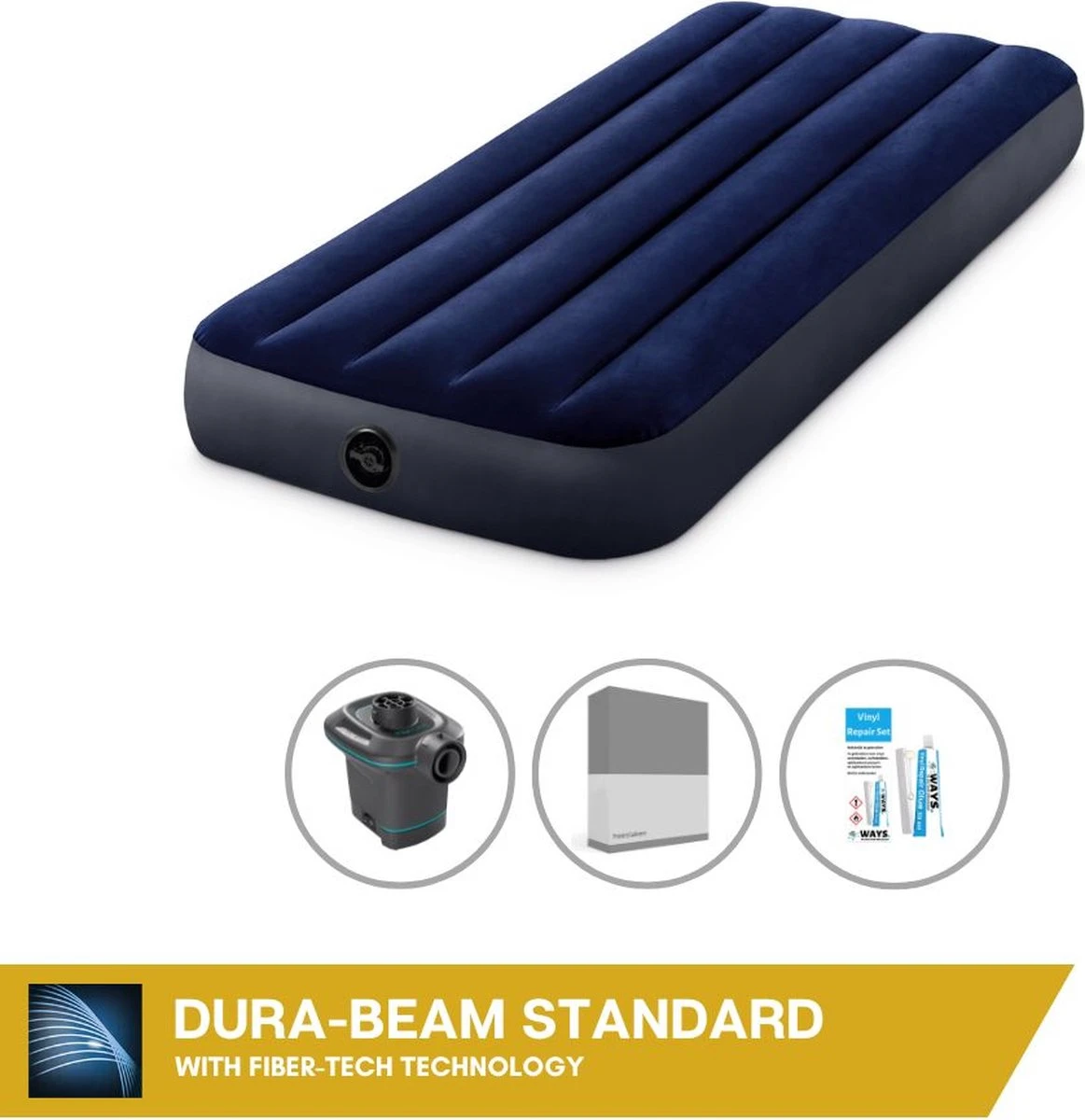 Intex Luchtbedset Intex Luchtbed - 1-Persoons - 76 X 191 X 25 Cm - Blauw + Intex Elektrische Pomp - 650 Liter/min + Hoeslaken Antraciet + Reparatieset 1 Intex Luchtbedset Intex Luchtbed - 1-Persoons - 76 X 191 X 25 Cm - Blauw + Intex Elektrische Pomp - 650 Liter/min + Hoeslaken Antraciet + Reparatieset