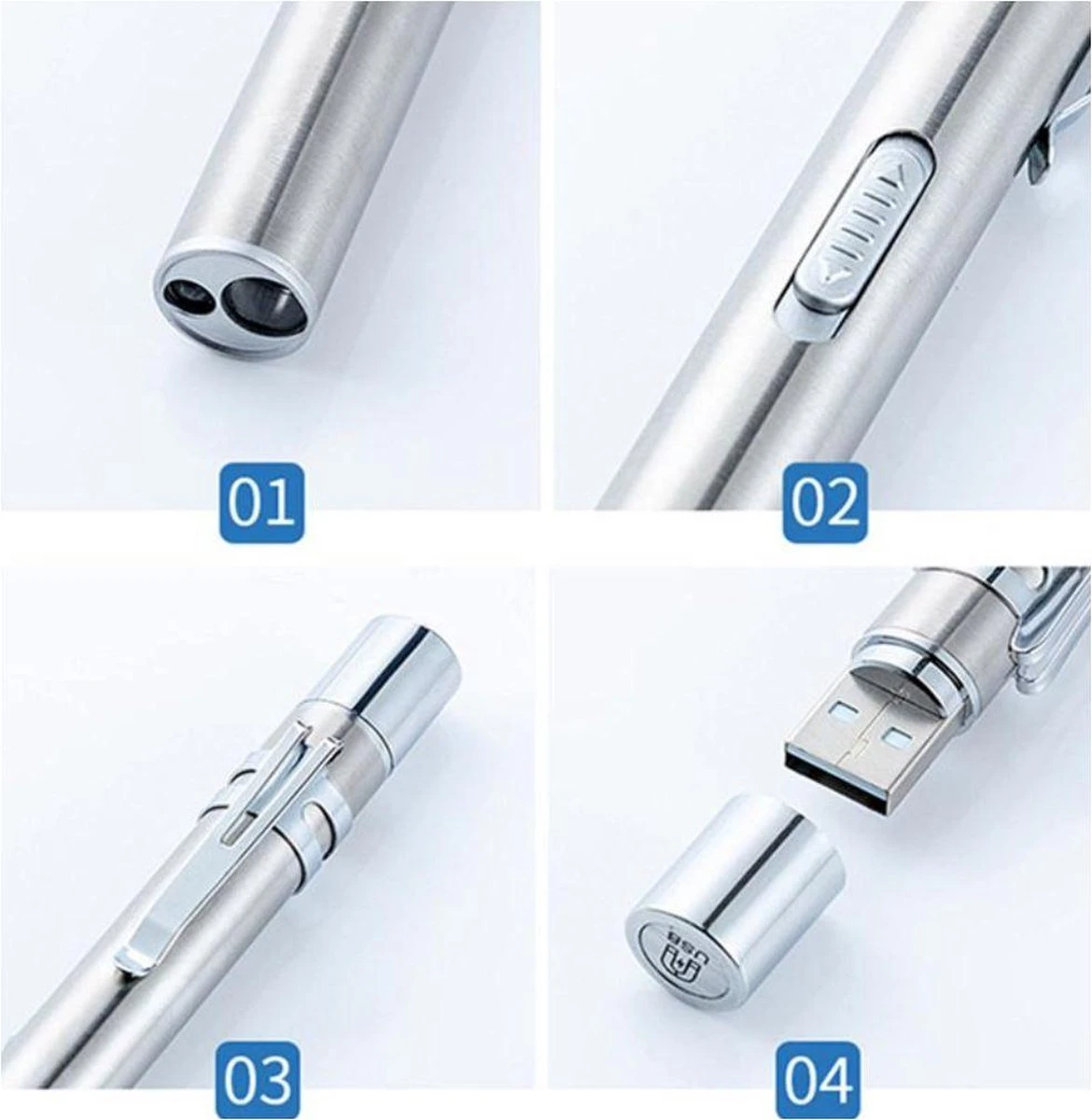 Merkloos 2 Stuks RVS Penlight - Usb Oplaadbare Zaklamp Zwart - Zilverkleur 4 Merkloos 2 Stuks RVS Penlight - Usb Oplaadbare Zaklamp Zwart - Zilverkleur - Afbeelding 4