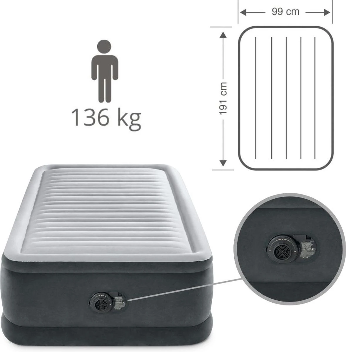 Intex Luchtbed - 1-Persoons - 99 X 191 X 46 Cm - Grijs - Met Ingebouwde Pomp, Hoeslaken Zwart En Reparatieset 3 Intex Luchtbed - 1-Persoons - 99 X 191 X 46 Cm - Grijs - Met Ingebouwde Pomp, Hoeslaken Zwart En Reparatieset - Afbeelding 3