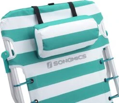 Strandstoel Met Afneembare Hoofdsteun, Draagbare Klapstoel, Campingstoel, Rugleuning Tot 180° Verstelbaar, Met Bekerhouder En Zijvak, Groene En Witte Strepen GCB62JW -Kampeeruitrusting 1200x1038 1