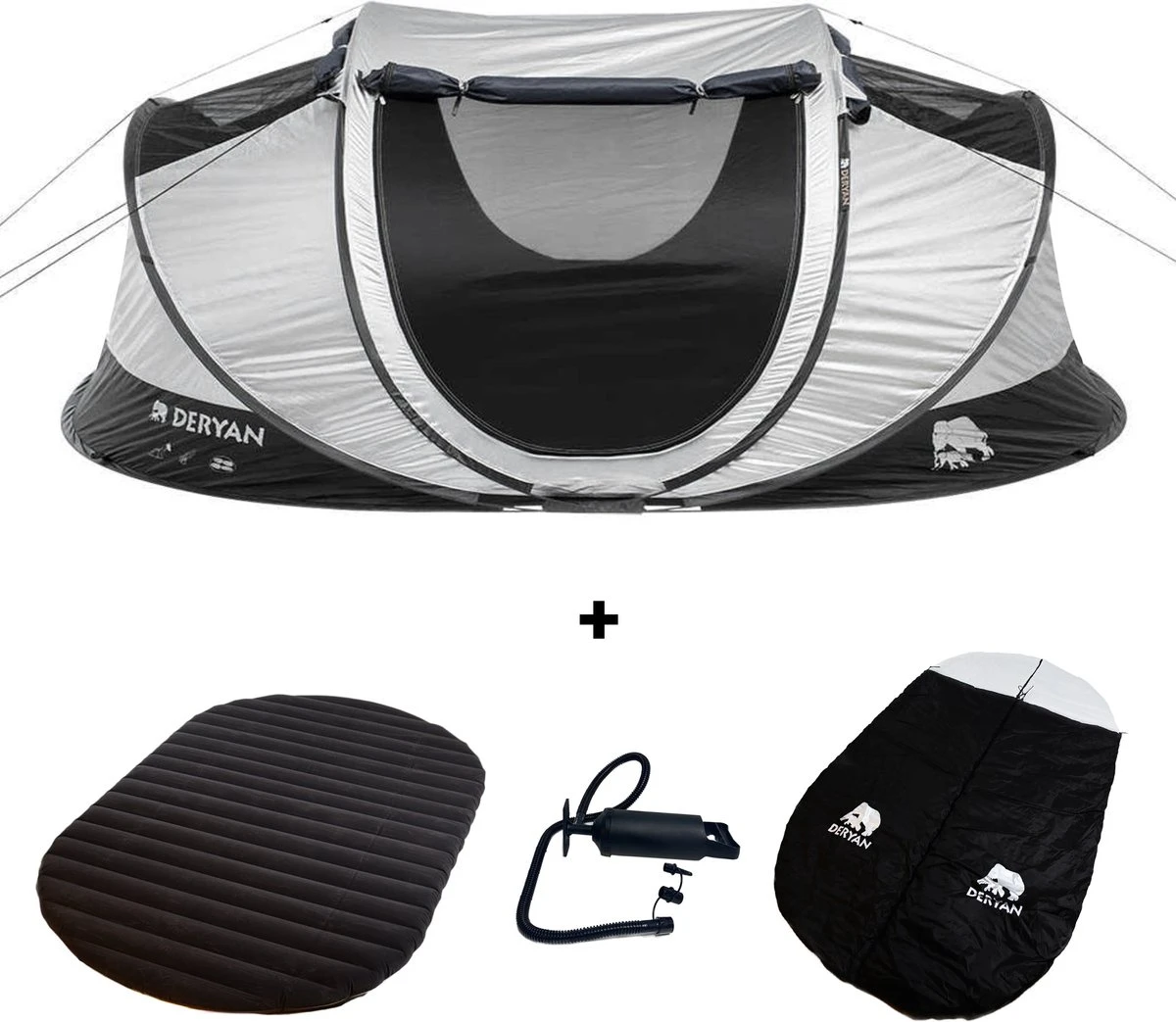Deryan Cocoon Pop Up Tent - Slaapzak - Luchtbed - Luchtpomp - 4 Persoons - Zilver 1 Deryan Cocoon Pop Up Tent - Slaapzak - Luchtbed - Luchtpomp - 4 Persoons - Zilver