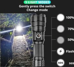 Merkloos Led-zaklamp 15000, Lumen 4200 XHP70.4 PROFESSIONAL-XLED - Oplaadbaar USB Zoeklicht - CE Gekeurd. -Kampeeruitrusting 1200x1094 16