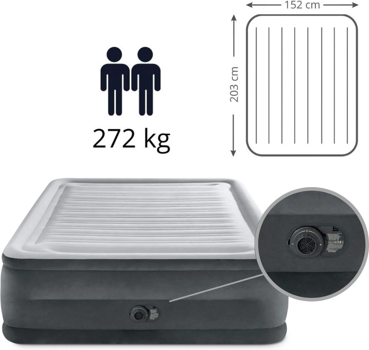 Intex Luchtbed - 2-Persoons - 152 X 203 X 33 Cm - Grijs - Met Ingebouwde Pomp, Hoeslaken Wit En Reparatieset 6 Intex Luchtbed - 2-Persoons - 152 X 203 X 33 Cm - Grijs - Met Ingebouwde Pomp, Hoeslaken Wit En Reparatieset - Afbeelding 6