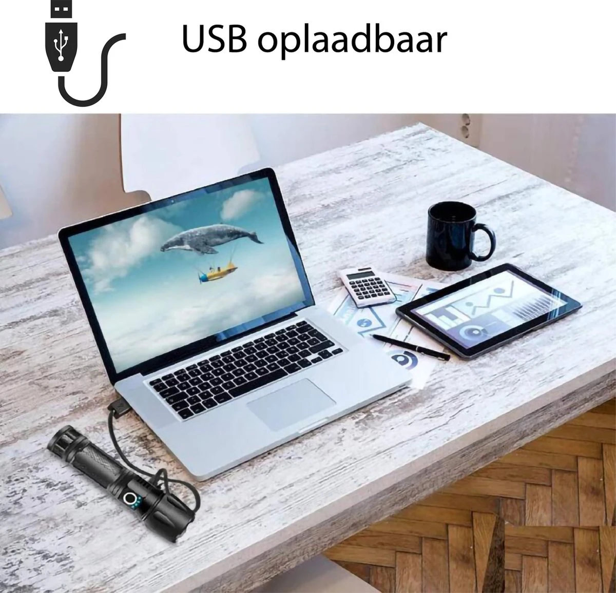 Militaire Zaklamp LED Oplaadbaar USB - 3000 Lumen - Holster - 3000 MAh Batterij - Aanpasbare Zoom - 5 Lichtmodi - IP65 Spatwaterdicht - Zwart 2 Militaire Zaklamp LED Oplaadbaar USB - 3000 Lumen - Holster - 3000 MAh Batterij - Aanpasbare Zoom - 5 Lichtmodi - IP65 Spatwaterdicht - Zwart - Afbeelding 2