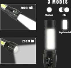 Qtronic Zaklamp LED Oplaadbaar Met Zoomfunctie - Militaire Zaklamp - Waterdicht - USB Oplaadbaar (inclusief Oplaadkabel & Batterij). -Kampeeruitrusting 1200x1162 10