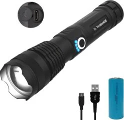 TradeRB® Militaire LED Zaklamp - USB Oplaadbare Zaklamp - Inclusief 5000 MAh Batterij - 20 Branduren - Zoomfunctie - Telescopische Lens - 3000 Lumen - Aluminium - Zwart