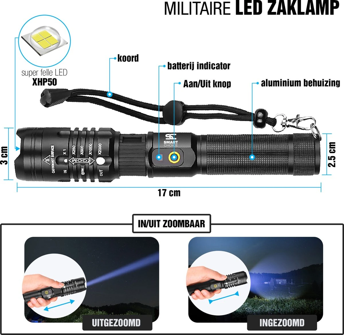 Verbeterde Militaire LED Zaklamp Incl. Opbergdoos Batterij En Diverse Laders - 1200 Lumen - Zwart 2 Verbeterde Militaire LED Zaklamp Incl. Opbergdoos Batterij En Diverse Laders - 1200 Lumen - Zwart - Afbeelding 2