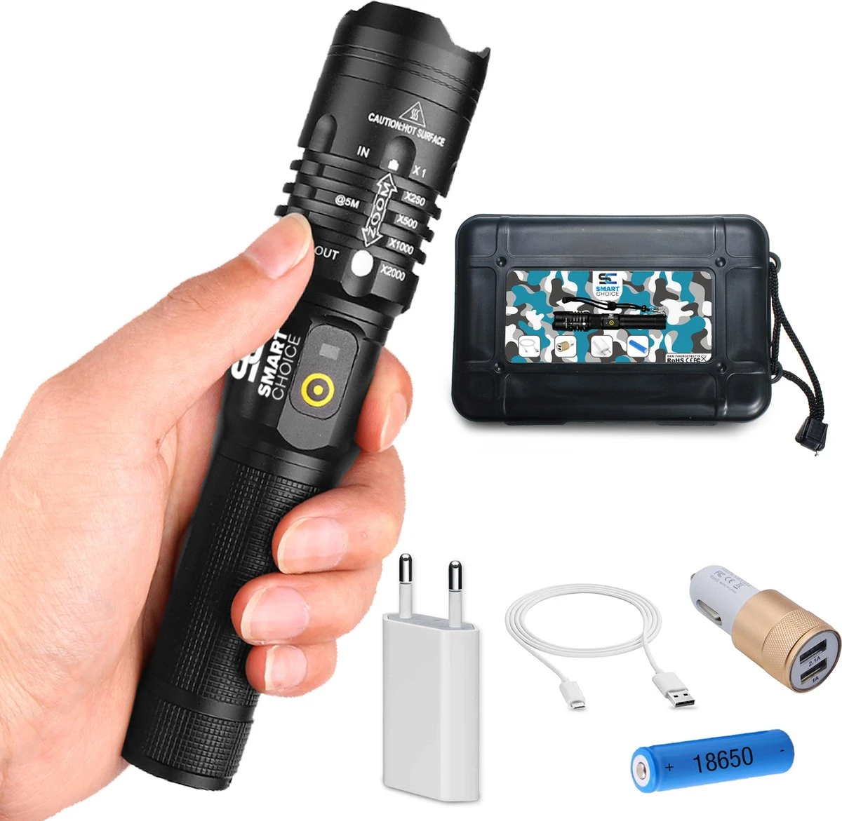 Verbeterde Militaire LED Zaklamp Incl. Opbergdoos Batterij En Diverse Laders - 1200 Lumen - Zwart 1 Verbeterde Militaire LED Zaklamp Incl. Opbergdoos Batterij En Diverse Laders - 1200 Lumen - Zwart