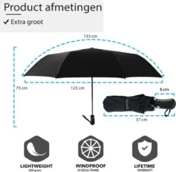 Beefree - Automatische King-size Stormparaplu Ø 123 Cm - Zwart -Kampeeruitrusting 1200x1177
