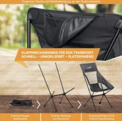 Skandika Campingstoel Compact – Campingstoelen - Campingstoel Tot 150 Kg Belastbaar - Kampeerstoel, Visstoel, Kleine Pakmaat, Opvouwbaar, Stabiel, Licht, Comfortabel Gepolsterd – Draagtas Meegeleverd - Vouwstoel – Zwart -Kampeeruitrusting 1200x1184 1