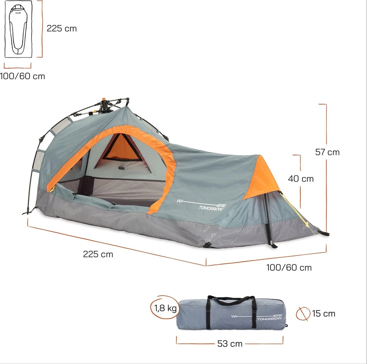 Where Tomorrow Solo Tent Pop Up 225X100X57 Cm - Grijs - 1 Persoons 6 Where Tomorrow Solo Tent Pop Up 225X100X57 Cm - Grijs - 1 Persoons - Afbeelding 6