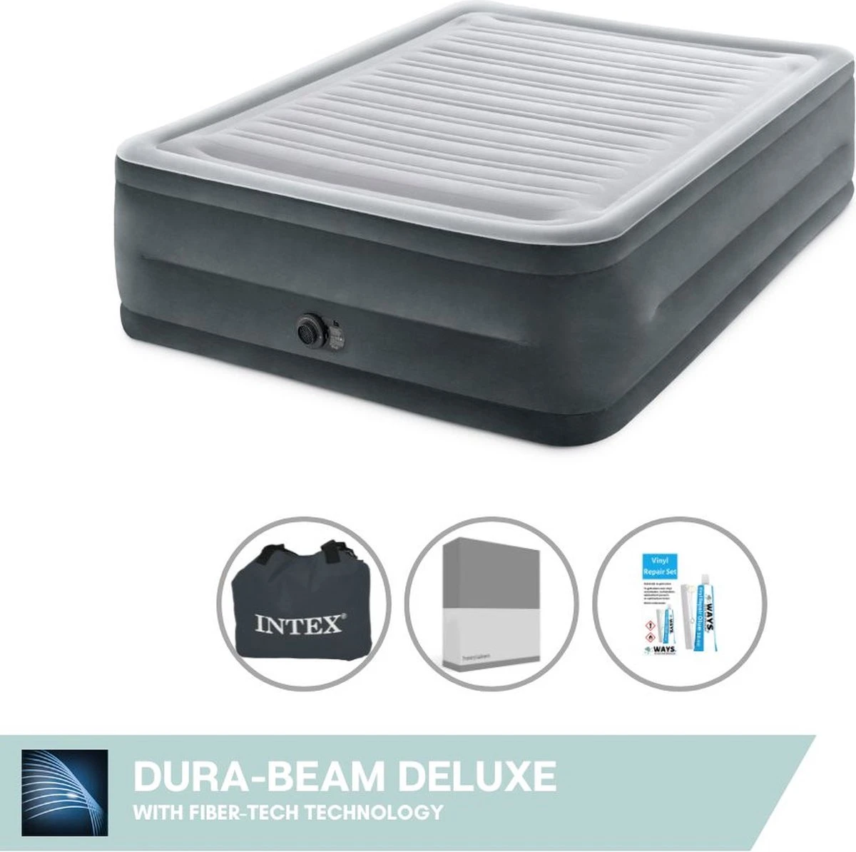 Intex Luchtbed - 2-Persoons - 152 X 203 X 33 Cm - Grijs - Met Ingebouwde Pomp, Hoeslaken Antraciet En Reparatieset 1 Intex Luchtbed - 2-Persoons - 152 X 203 X 33 Cm - Grijs - Met Ingebouwde Pomp, Hoeslaken Antraciet En Reparatieset