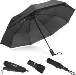 Sunflake Stormparaplu Opvouwbaar - Stormbestendig Tot 140km/u - Automatisch Uitklapbaar - Incl. Beschermhoes En Reisetui - Zwart