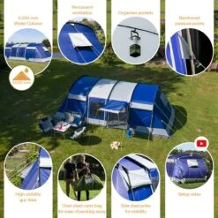 Skandika Montana 8 Sleeper Tent – Tunneltent – 8 Persoons Familietent - Campingtent – Sleeper Technology (2 Tot 4 Extra Donkere Slaapcabines) – Ingenaaide Tentvloer - Muggengaas – 700 X 310 X 200 Cm (LxBxH) – 5000mm Waterkolom – Kamperen – Blauw/wit -Kampeeruitrusting 1200x1199