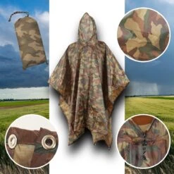 Regenponcho / Fietsponcho Herbruikbaar Voor Volwassenen ( Dames En Heren ) - 200x110cm - 100% Ripstop Polyester - Camouflage -Kampeeruitrusting 1200x1200 1170