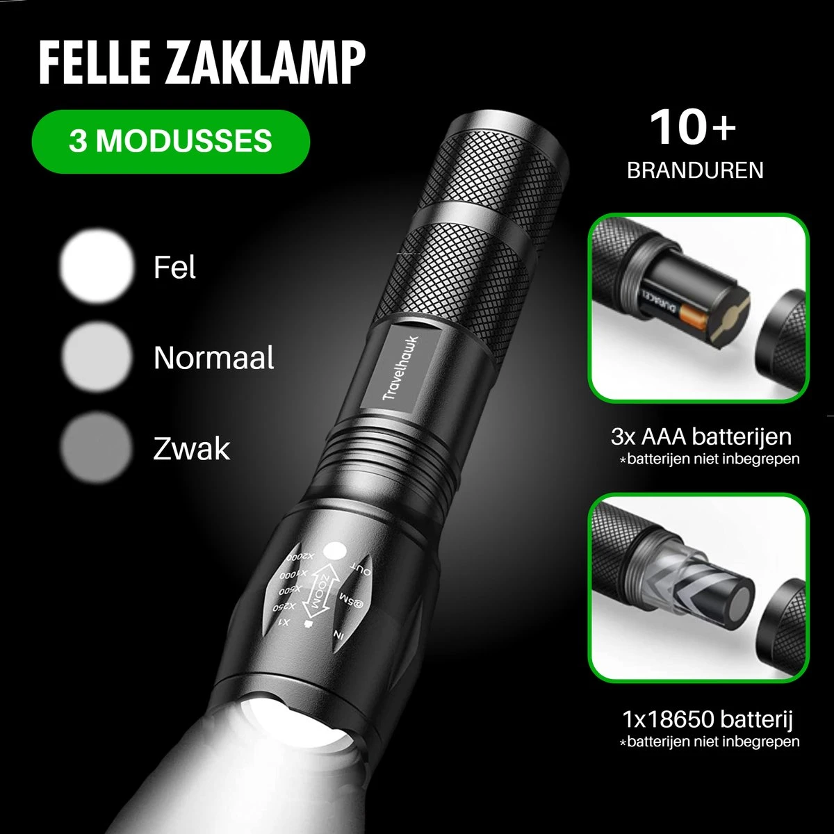 Travelhawk Zaklamp - Zaklamp Led - Zaklamp Militaire - 1000 Lumen - Waterproof - Zwart - 2 Stuks 4 Travelhawk Zaklamp - Zaklamp Led - Zaklamp Militaire - 1000 Lumen - Waterproof - Zwart - 2 Stuks - Afbeelding 4
