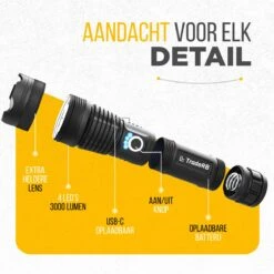 TradeRB® Militaire LED Zaklamp - USB Oplaadbare Zaklamp - Inclusief 5000 MAh Batterij - 20 Branduren - Zoomfunctie - Telescopische Lens - 3000 Lumen - Aluminium - Zwart -Kampeeruitrusting 1200x1200 1432