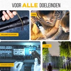 TradeRB® Militaire LED Zaklamp - USB Oplaadbare Zaklamp - Inclusief 5000 MAh Batterij - 20 Branduren - Zoomfunctie - Telescopische Lens - 3000 Lumen - Aluminium - Zwart -Kampeeruitrusting 1200x1200 1433