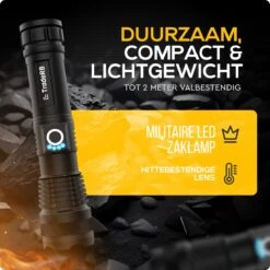 TradeRB® Militaire LED Zaklamp - USB Oplaadbare Zaklamp - Inclusief 5000 MAh Batterij - 20 Branduren - Zoomfunctie - Telescopische Lens - 3000 Lumen - Aluminium - Zwart -Kampeeruitrusting 1200x1200 1434