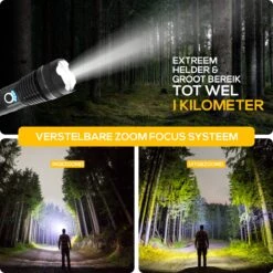 TradeRB® Militaire LED Zaklamp - USB Oplaadbare Zaklamp - Inclusief 5000 MAh Batterij - 20 Branduren - Zoomfunctie - Telescopische Lens - 3000 Lumen - Aluminium - Zwart -Kampeeruitrusting 1200x1200 1435