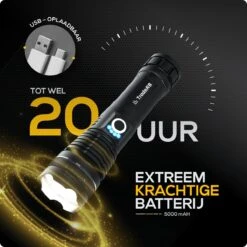 TradeRB® Militaire LED Zaklamp - USB Oplaadbare Zaklamp - Inclusief 5000 MAh Batterij - 20 Branduren - Zoomfunctie - Telescopische Lens - 3000 Lumen - Aluminium - Zwart -Kampeeruitrusting 1200x1200 1436