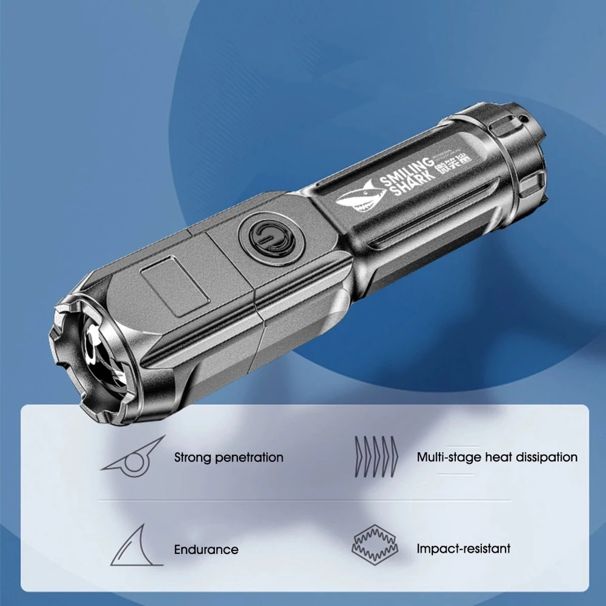 Merkloos Smiling Shark 622a Telescopische Oplaadbare LED Zaklamp - 700lm - Sterk Licht - Oplaadbaar Via USB - 1200mAh - Zwart 8 Merkloos Smiling Shark 622a Telescopische Oplaadbare LED Zaklamp - 700lm - Sterk Licht - Oplaadbaar Via USB - 1200mAh - Zwart - Afbeelding 8