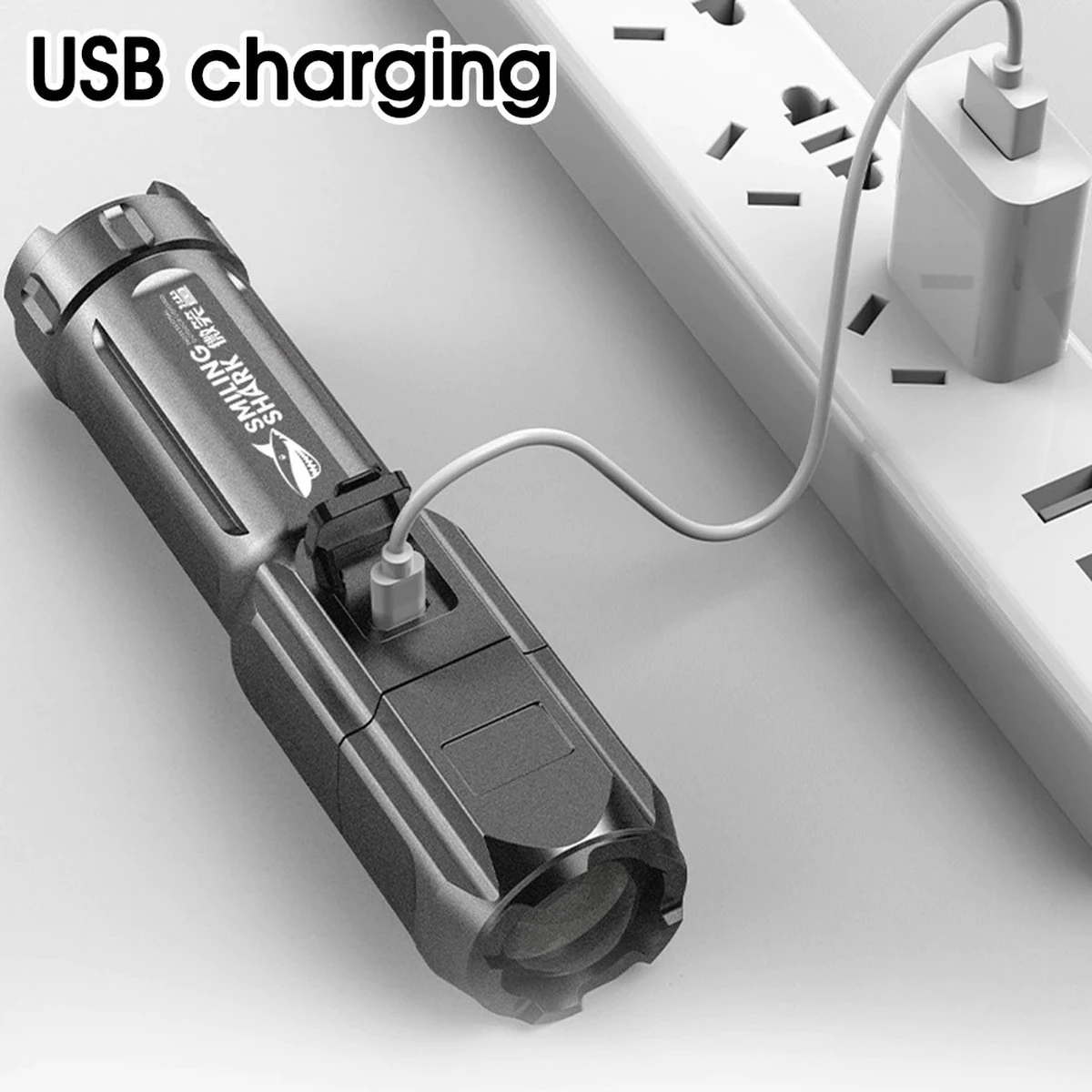 Merkloos Smiling Shark 622a Telescopische Oplaadbare LED Zaklamp - 700lm - Sterk Licht - Oplaadbaar Via USB - 1200mAh - Zwart 11 Merkloos Smiling Shark 622a Telescopische Oplaadbare LED Zaklamp - 700lm - Sterk Licht - Oplaadbaar Via USB - 1200mAh - Zwart - Afbeelding 11