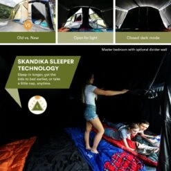 Skandika Montana 8 Sleeper Tent – Tunneltent – 8 Persoons Familietent - Campingtent – Sleeper Technology (2 Tot 4 Extra Donkere Slaapcabines) – Ingenaaide Tentvloer - Muggengaas – 700 X 310 X 200 Cm (LxBxH) – 5000mm Waterkolom – Kamperen – Blauw/wit -Kampeeruitrusting 1200x1200 161