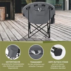 Skandika Moonchair Sirkka – Campingstoelen – Klapstoel – Vouwstoel – Kampeerstoel - Grote, Comfortabele, Campingstoel Opvouwbaar, Gepolsterd, Koelvak, Drinkhouder, Draaggreep En Draagtas, Antislipvoetjes - Max. 150 Kg – Zwart/grijs -Kampeeruitrusting 1200x1200 243