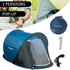 Dunlop Pop Up Tent 220 X 120 X 90 Cm - Grijs/ Blauw - 1 Persoons -Kampeeruitrusting 1200x1200 65