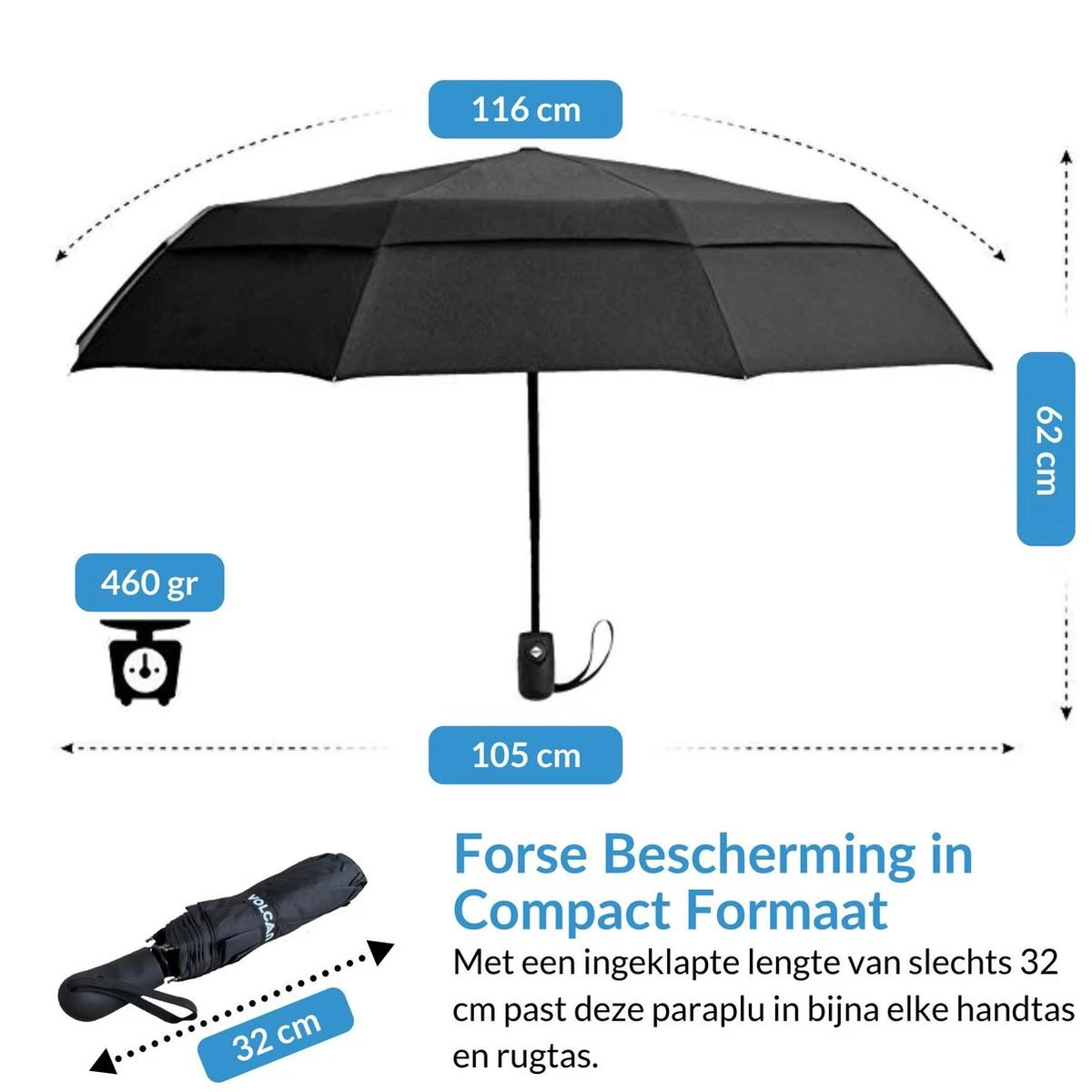 Volcan Stormparaplu Opvouwbaar - Stormparaplu's - Inklapbaar - Ø 105 Cm - Windproof Tot 100km P/u - Grote Paraplu - Automatisch - Zwart 4 Volcan Stormparaplu Opvouwbaar - Stormparaplu's - Inklapbaar - Ø 105 Cm - Windproof Tot 100km P/u - Grote Paraplu - Automatisch - Zwart - Afbeelding 4