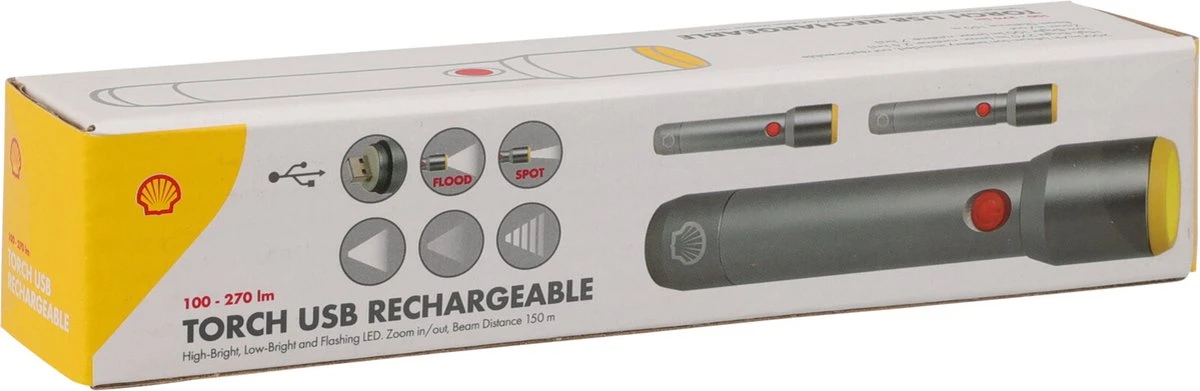 Shell Zaklamp - Oplaadbaar - Met USB - 3 Standen - LED Zaklamp - 100-270lm - IP55 Waterdicht 2 Shell Zaklamp - Oplaadbaar - Met USB - 3 Standen - LED Zaklamp - 100-270lm - IP55 Waterdicht - Afbeelding 2