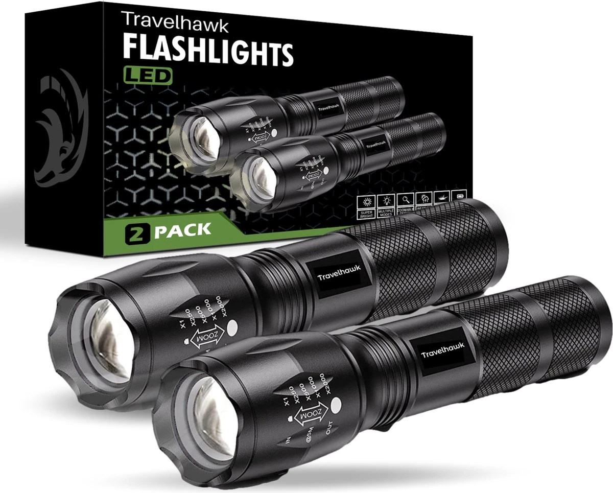 Travelhawk Zaklamp - Zaklamp Led - Zaklamp Militaire - 1000 Lumen - Waterproof - Zwart - 2 Stuks 1 Travelhawk Zaklamp - Zaklamp Led - Zaklamp Militaire - 1000 Lumen - Waterproof - Zwart - 2 Stuks