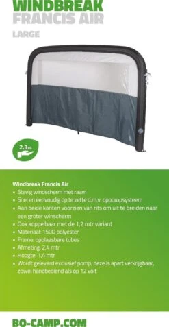 Bo-Camp - Windscherm (tent) - Francis - Air - 2.4 X 1.4 Meter - Grijs -Kampeeruitrusting 622x1200